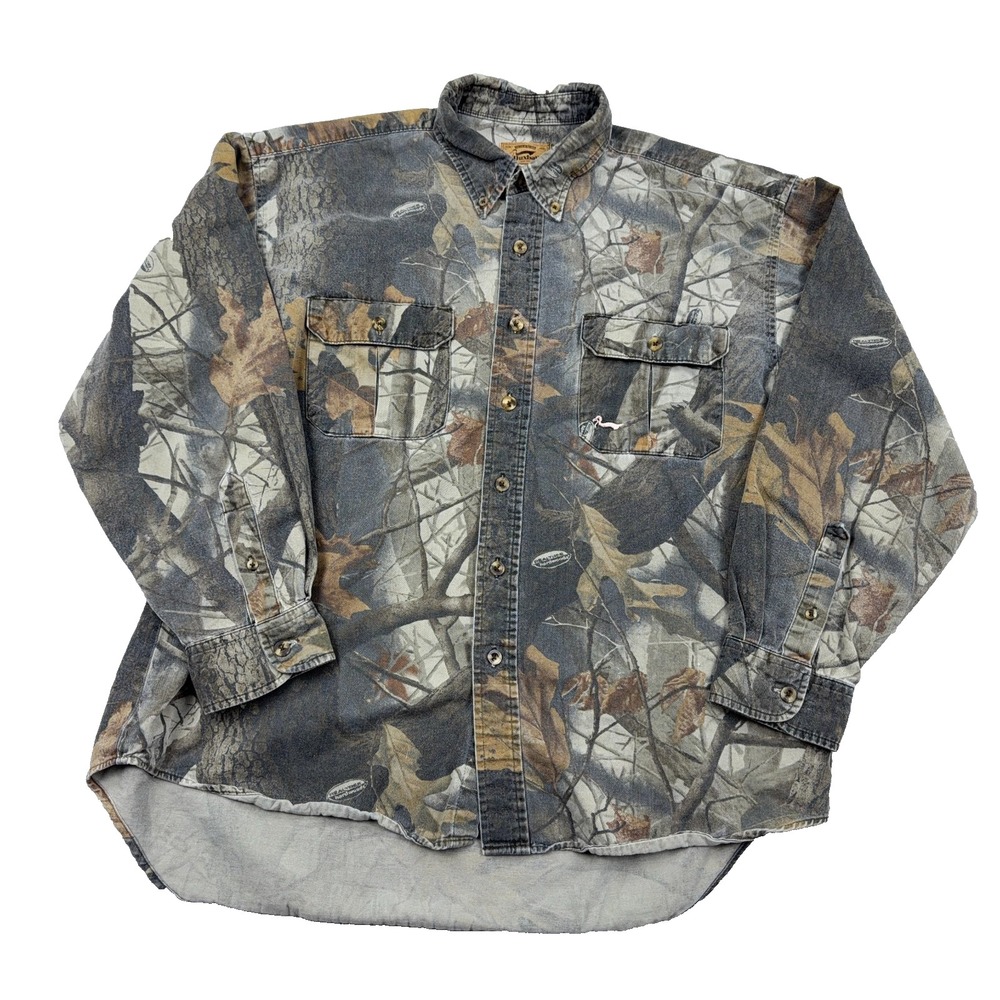 Vintage Realtree Camo Denim Shirt Men XL Button Up Hardwoods Duxbak Unlined